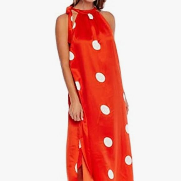Women's MUD PIE Maxi Tie at Neck Orange PolkaDot Satin Crepe M/L NWOT - Picture 2 of 9